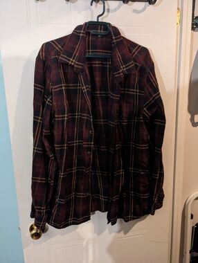 George Burgundy Plaid Button Down Shirt with Tan Stripes